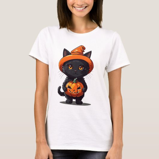 カボチャのハロウィーンの魔帽子をかぶった黒猫 Tシャツ (正面)