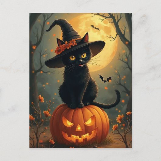 カボチャのハロウィーンの魔猫 シーズンポストカード (正面)