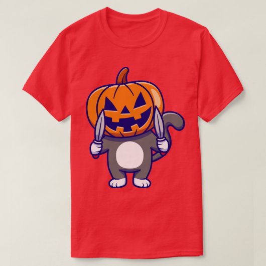 カボチャのハロウィーンを着たナイフカートのかわいい猫 Tシャツ (デザイン正面)