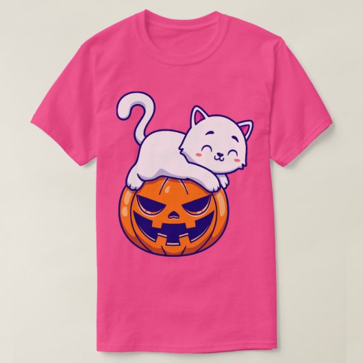 カボチャのハロウィーン漫画にかわいい猫 Tシャツ (デザイン正面)