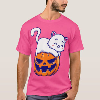 カボチャのハロウィーン漫画にかわいい猫 Tシャツ