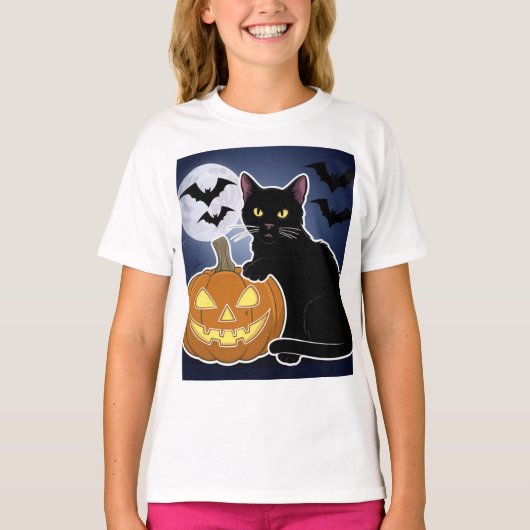 カボチャのハロウィーン黒猫 Tシャツ (正面)
