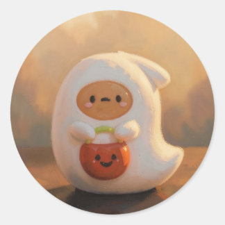 カボチャのバケツを持つお化けのハロウィン ラウンドシール
