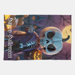 カボチャのパッチのスケルトンの仲間 キッチンタオル