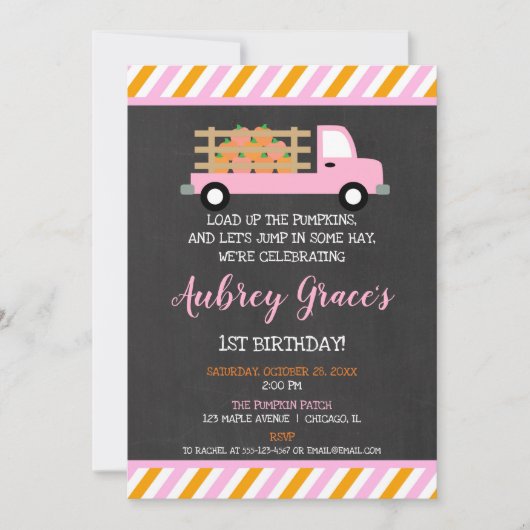 カボチャのパッチオレンジのピンクの女の子の最初の誕生日 招待状 (正面)