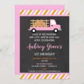 カボチャのパッチオレンジのピンクの女の子の最初の誕生日 招待状 (正面/裏面)