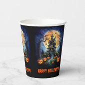 カボチャのパーティー付きのハロウィンのお化け屋敷 紙コップ (裏面)