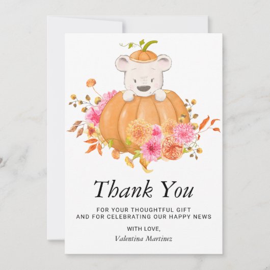 カボチャのピンクの写真のベビーシャワーにクマ サンキューカード (正面)
