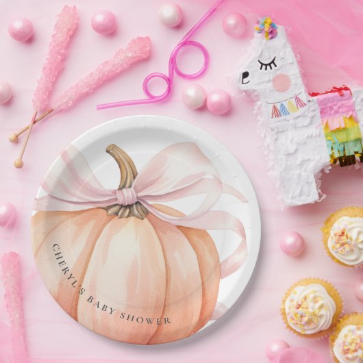 カボチャのピンクボウ赤ちゃんシャワー ペーパープレート (パーティー)