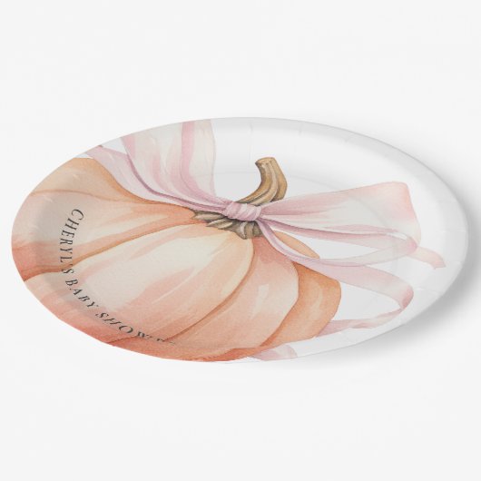 カボチャのピンクボウ赤ちゃんシャワー ペーパープレート (アングル)