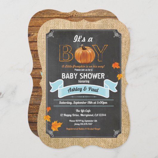 カボチャのベビーシャワーの誘い込み田舎の木のチョーク 招待状 (正面/裏面)