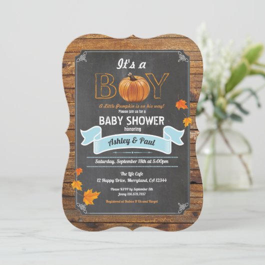 カボチャのベビーシャワーの誘い込み田舎の木のチョーク 招待状 (スタンド正面)