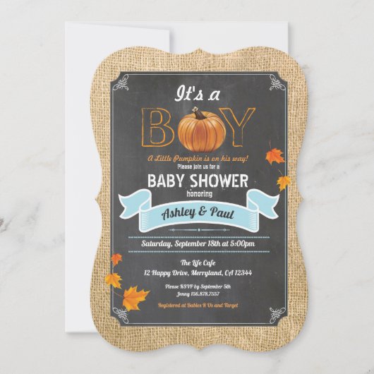 カボチャのベビーシャワーの誘い込み田舎の木のチョーク 招待状 (正面)