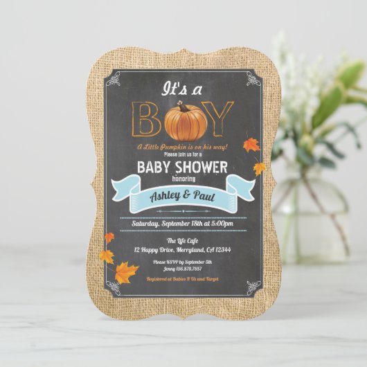 カボチャのベビーシャワーの誘い込み田舎の木のチョーク 招待状 (スタンド正面)