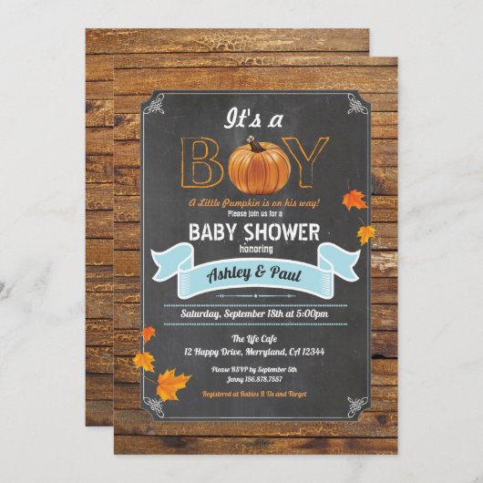 カボチャのベビーシャワーの誘い込み田舎の木のチョーク 招待状 (正面/裏面)