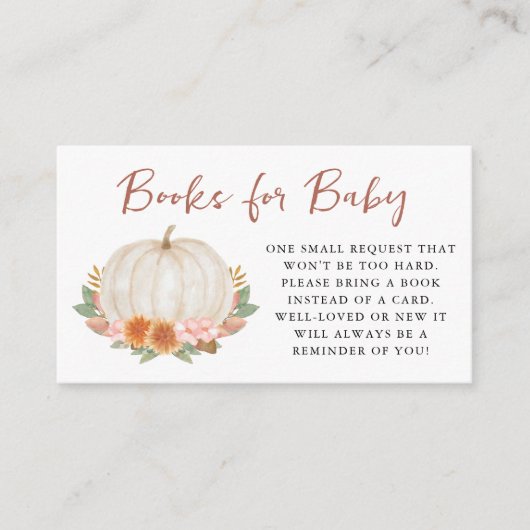 カボチャのベビーシャワー用の本 エンクロージャーカード (正面)