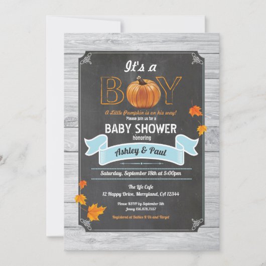 カボチャのベビーシャワー田舎の木の黒板 招待状 (正面)