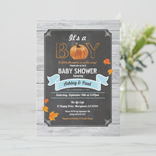 カボチャのベビーシャワー田舎の木の黒板 招待状 (スタンド正面)