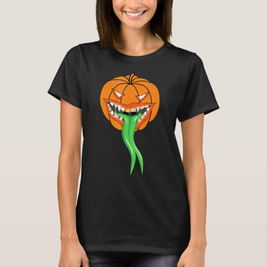 カボチャのモンスターグリーン舌ハロウィーン Tシャツ (正面)