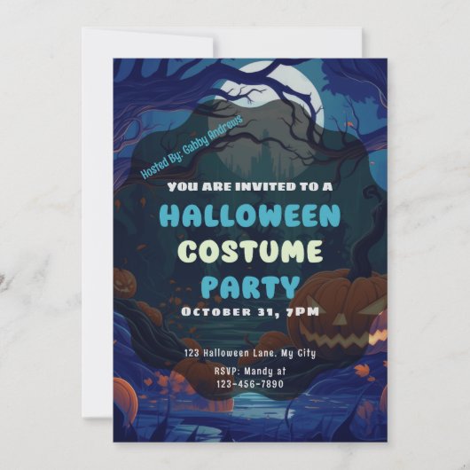 カボチャのランタンが並ぶ森　満月ハロウィン 招待状 (正面)