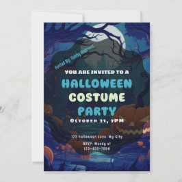 カボチャのランタンが並ぶ森　満月ハロウィン 招待状