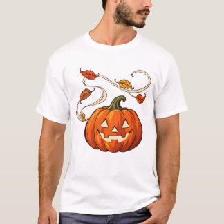 カボチャのランタンとかすれた葉 Tシャツ