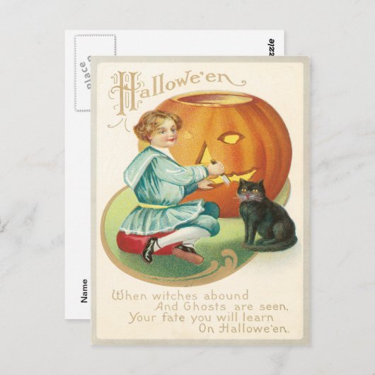 カボチャのヴィンテージ葉書を彫る女の子 ポストカード (正面/裏面)