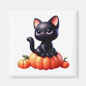 カボチャの上に座る黒猫 マグネット (正面)