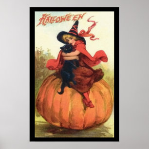 カボチャの上に赤でハロウィーンカボチャの魔女 ポスター