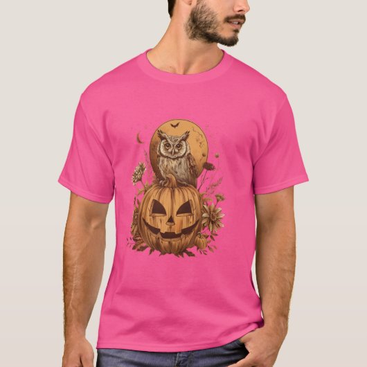 カボチャの上のフクロウ魔女帽子ハロウィーン暗いアカデミアW Tシャツ (正面)