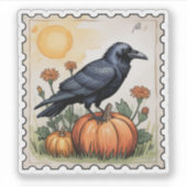カボチャの上の秋のワタリガラス ハロウィンの郵便切手 シール (正面)
