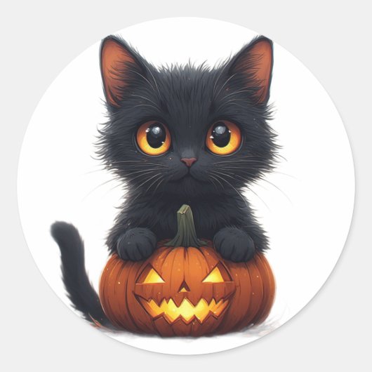カボチャの上の黒猫 ラウンドシール (正面)