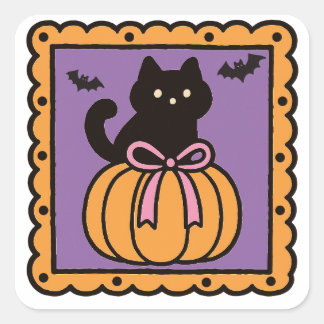 カボチャの中の黒猫 - かわいいハロウィンデザイン スクエアシール