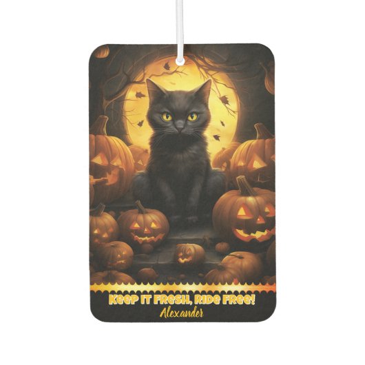 カボチャの中の黒白熱［赤熱］光を放つ猫 カーエアーフレッシュナー (正面)