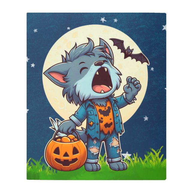 カボチャの人狼の可愛いハウリング怪獣 メタルプリント (正面)