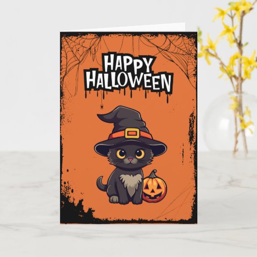 カボチャの入った非常に怖い黒猫ハロウィーンのカボチャのちょうちん カード (黄色い花)