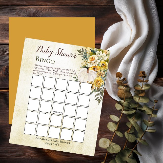 カボチャの収穫 | 金ゴールドフローラベビーシャワービンゴ (White Pumpkin and Gold Floral Baby Shower Bingo Game Print Only - Little Pumpkin Collection)