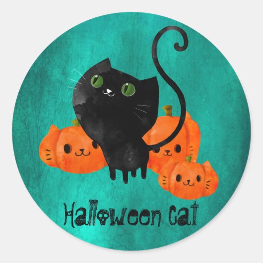 カボチャの可愛いハロウィーン猫 ラウンドシール (正面)