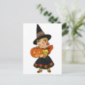 カボチャの可愛い小さな魔女の女の子、ヴィンテージ ポストカード (スタンド正面)