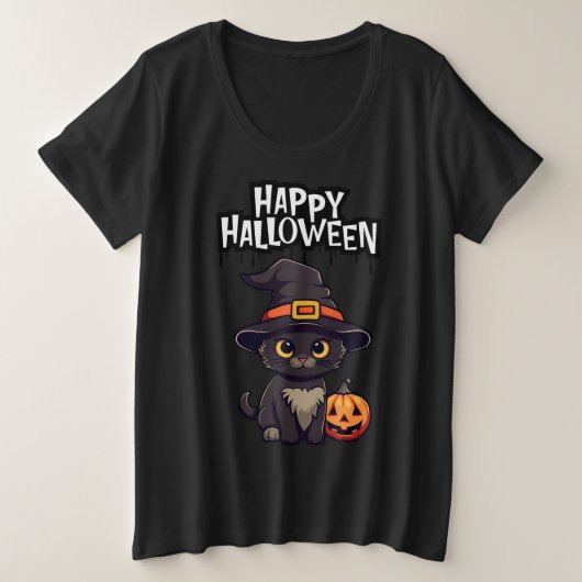 カボチャの可愛い怖い黒猫ハロウィーンのカボチャのちょうちん プラスサイズTシャツ (デザイン正面)