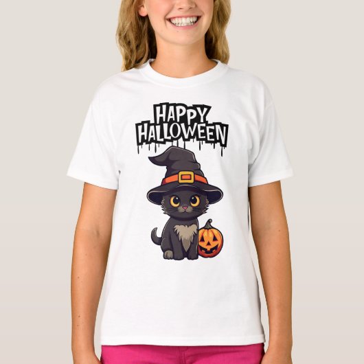 カボチャの可愛い怖い黒猫ハロウィーンのカボチャのちょうちん Tシャツ (正面)
