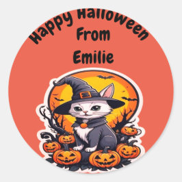 カボチャの可愛い魔女猫 ラウンドシール