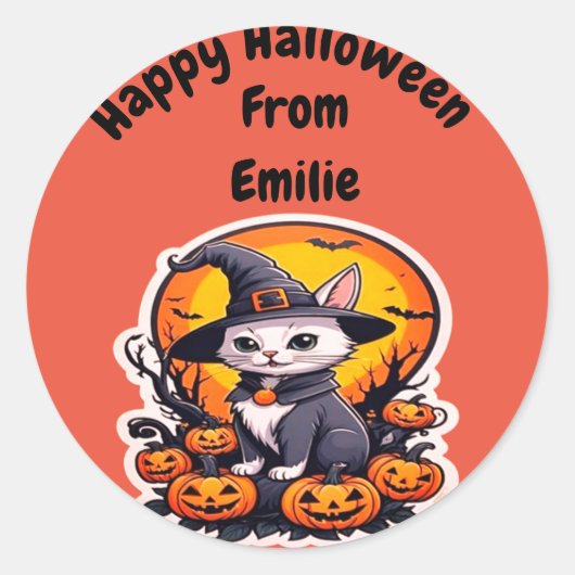 カボチャの可愛い魔女猫 ラウンドシール (正面)