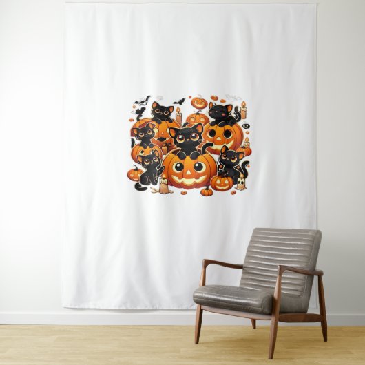 カボチャの可愛い黒猫ハロウィーンナイトアートバー タペストリー (インサイチュ)