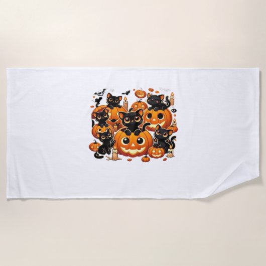 カボチャの可愛い黒猫ハロウィーンナイトアートバー ビーチタオル (正面)