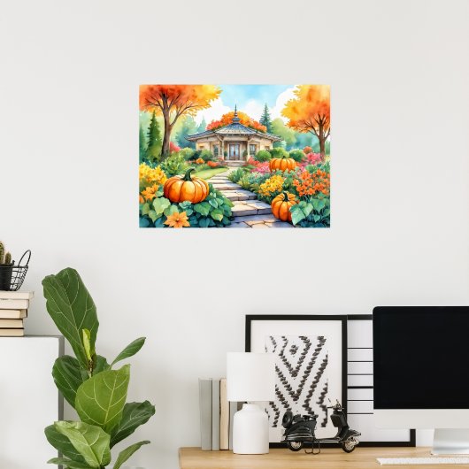 カボチャの壁ポスター付き秋のガーデンハウス ポスター (ホームオフィス)