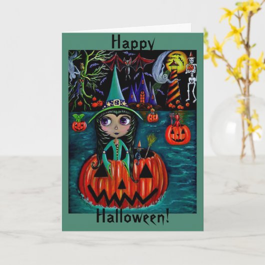 カボチャの大きい目のハロウィンの魔法使いの女の子の乗馬 カード (黄色い花)