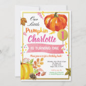 カボチャの女の子1歳の誕生日ピンクと金ゴールド 招待状 (正面)