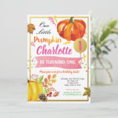 カボチャの女の子1歳の誕生日ピンクと金ゴールド 招待状 (スタンド正面)