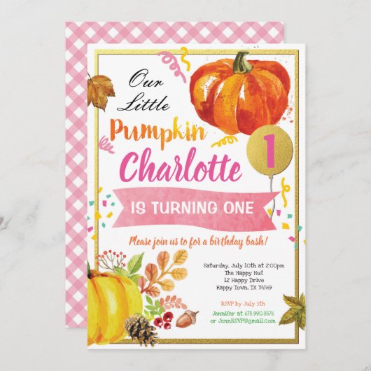 カボチャの女の子1歳の誕生日ピンクと金ゴールド 招待状 (正面/裏面)